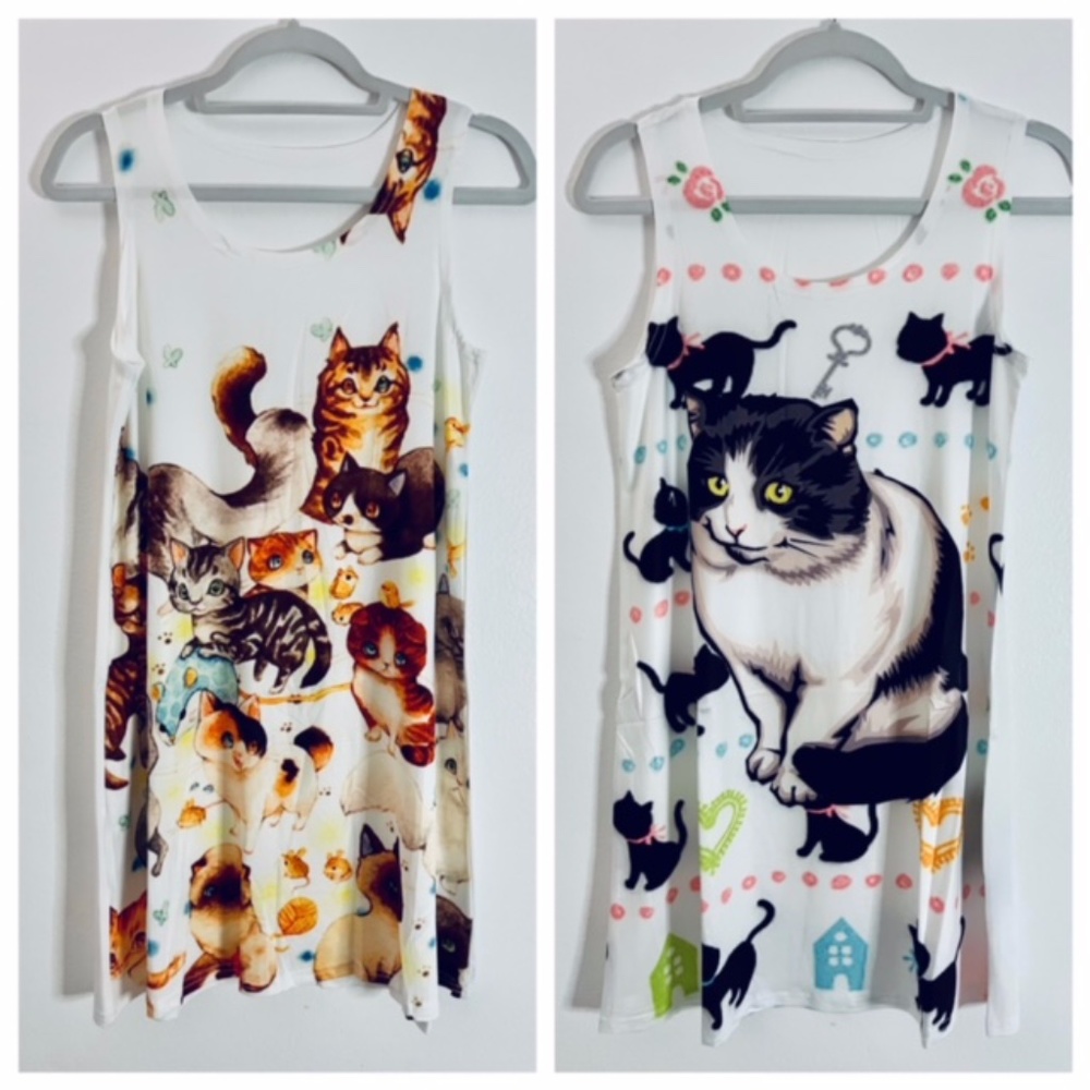 NWT SLEEVELESS CASUAL T-SHIRT A-LINE MINI DRESSES CATS PRINT CREWNECK BEACH TANK